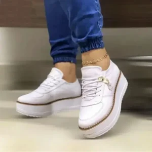 Ramboappliance Women Fashion Round Toe Solid Color Pu Hidden Wedge Lace-Up Low Top Sneakers Shoes