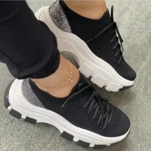 Ramboappliance Wedge Heel Flying Woven Colorblock Lace-Up Sneakers Large Size Casual Low Top Women Shoes