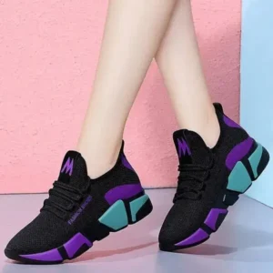 Ramboappliance Women Fashion Casual Lace-Up Design Mesh Breathable Color Blocking Platform Running Sneakers