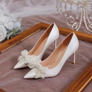 Ramboappliance Women Fashion Sexy Pointed Satin Pearl Pointed Toe Shoes