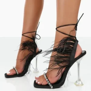 Ramboappliance Women Fashion Sexy Rhinestone Feather Decorative Solid Color High Heel Sandals Shoes