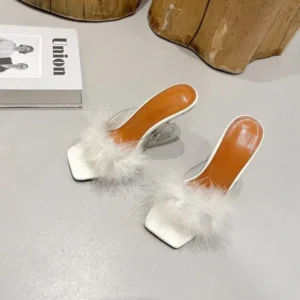 Ramboappliance Women Fashion Sexy Feather Decoration Solid Color Chunky High Heel Slippers Shoes