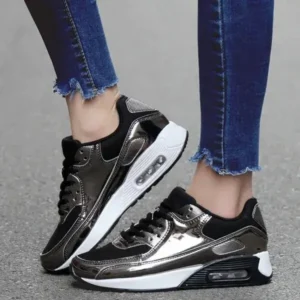 Ramboappliance Women Casual Sports Lace Up Design Shiny Air Cushion Platform Sneakers