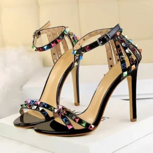 Ramboappliance Fashion Women Sexy 11cm High Heels Rivets Studded Sandals Ankle Buckle Strap Stiletto Shoes