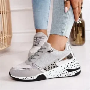 Ramboappliance Women Fashion Casual Leopard Print Color Matching Lace-Up Platform Sneakers