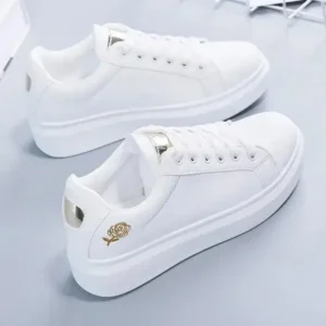 Ramboappliance Women Casual Fashion Rose Embroidery Thick-Soled Comfortable PU Leather White Sneakers