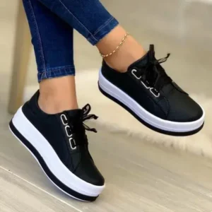 Ramboappliance Women Casual Round Toe Lace-Up Block Color Platform Shoes PU Sneakers