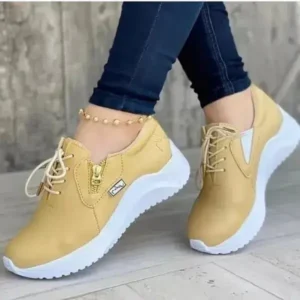 Ramboappliance Women Casual Round Toe Low Cut Lace-Up PU Side Zipper Design Solid Color Sneakers