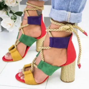 Ramboappliance Women Fashion Sexy Cross Hollow Lace Up Design Color Blocking High Heel Sandals Shoes