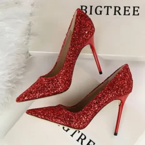 Ramboappliance Women Sexy Shining Sequins Decor Pointed-Toe Stiletto Shoes Pumps