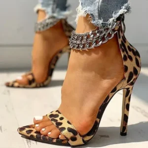 Ramboappliance Women Sexy Metal Chain Buckle Ankle Strap Animal Printed High Heels