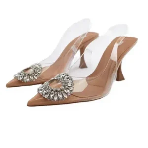 Ramboappliance Summer Women Fashion Plus Size Pointed Toe Rhinestone Transparent Heeled Sandals