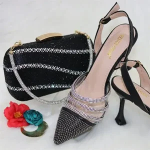 Ramboappliance Women Classic Black Pointed Shoes Transparent Pvc Rhinestone Chain Square Hand Bag Set