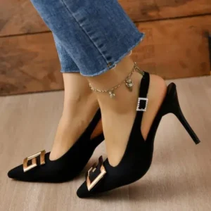 Ramboappliance Summer Women Fashion Casual Plus Size Solid Color Pointed Toe Metal Buckle Sling Back High Heel Sandals