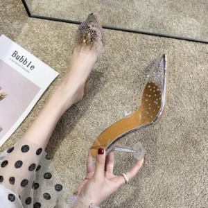 Ramboappliance Women Fashion Sexy Rhinestone Decorative Pointed Toe Transparent High Heel Sandals