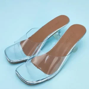 Ramboappliance Women Fashion Casual Square Toe Transparent Design Mid Heel Slippers