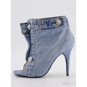 Ramboappliance Women Fashion High Heel Denim Button High Top Boots