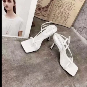 Ramboappliance Women Fashion Sexy PU Solid Color Square Toe Stiletto Heel Ankle Strap Buckle Thong Sandals