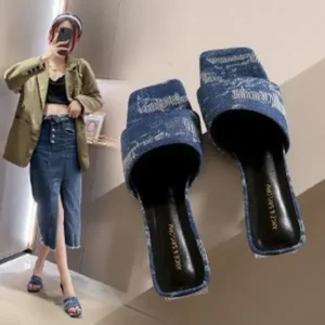 Ramboappliance Women Fashion Casual PU Denim Square Toe Chunky Heel Slippers