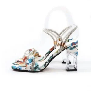 Ramboappliance Women Fashion Sexy PU Rhinestone Floral Printed Square Toe Chunky Heel ?Sandals