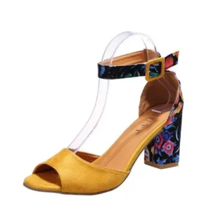 Ramboappliance Women Fashion Sexy PU Floral Printed Peep Toe Chunky Heel Ankle Strap Buckle Sandals