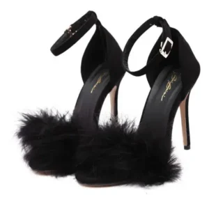 Ramboappliance Women Fashion Sexy PU Solid Color Feather Peep Toe Stiletto Heel Ankle Strap Buckle Sandals