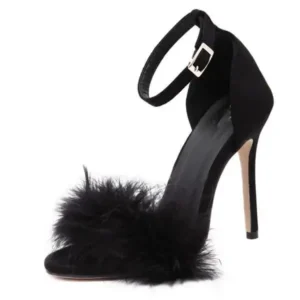 Ramboappliance Women Fashion Sexy Solid Color Feather Peep Toe Stiletto Heel Ankle Strap Buckle Sandals