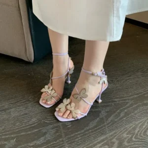 Ramboappliance Women Fashion Elegant Square Toe Butterfly Ankle Strap Buckle Stiletto Heel Sandals