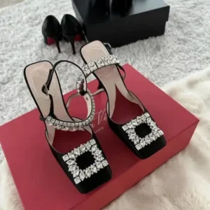 Ramboappliance Women Fashion Elegant PU Square Toe Rhinestone Stiletto Heel Ankle Strap Buckle Sandals