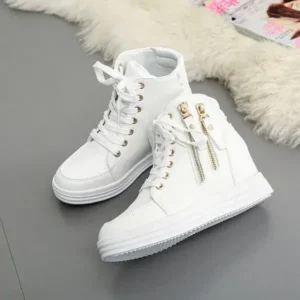 Ramboappliance Women Fashion Solid Color Side Zipper Lace-Up Round Head Thick-Soled Sneakers