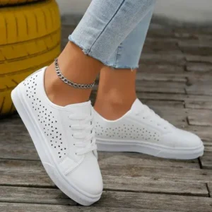 Ramboappliance Women Fashion Solid Color Plus Size Hollow Lace-Up Round-Toe Sneakers