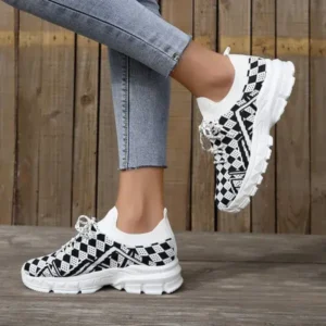 Ramboappliance Summer Women Fashion Casual Geometric Print Fly-Woven Lace-Up Sneakers