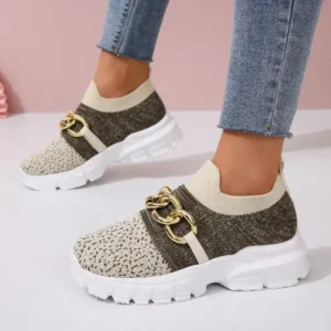 Ramboappliance Women Fashion Color Block Metal Chain Thick-Soled Breathable Fly-Woven Sneakers