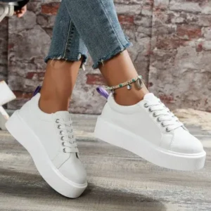 Ramboappliance Women Fashion Solid Color Round-Toe Lace-Up Thick-Soled Sneakers