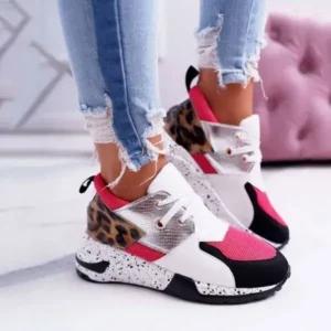 Ramboappliance Women Casual Leopard Printed Patchwork Lace Up Sneakers