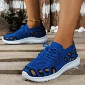 Ramboappliance Women Fashion Casual Leopard Print Round Toe Fly-Woven Stretch Sneakers