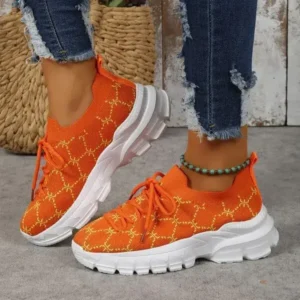 Ramboappliance Women Fashion Plus Size Casual Flying Woven Lace-Up Round Toe Sneakers