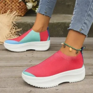 Ramboappliance Women Fashion Casual Color Blocking Fly-Woven Thick-Soled Sneakers