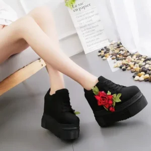 Ramboappliance Women Fashion Casual PU Floral Printed Thick-Soled Lace-Up Canvas Sneakers