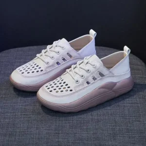 Ramboappliance Women Fashion Casual Solid Color PU Lace-Up Hollow Breathable Sneakers