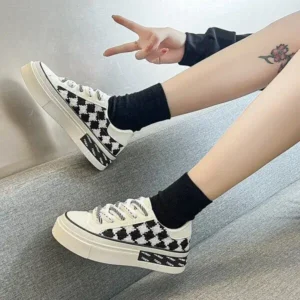 Ramboappliance Women Fashion Platform Checkerboard Canvas Sneakers