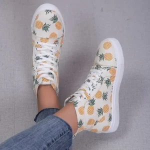 Ramboappliance Women Fashion Round Toe Lace-Up Pineapple Strawberry Flat Sneakers