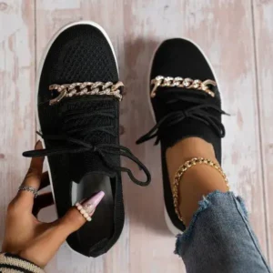 Ramboappliance Women Fashion Round Toe Rhinestone Metal Decoration Lace-Up Mesh Sneakers