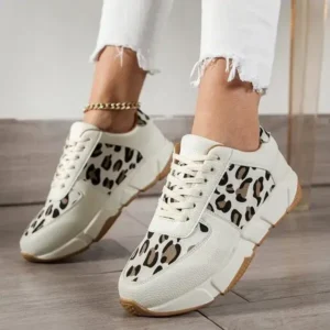 Ramboappliance Women Fashion Round Toe Stitching Lace Up Low Top Leopard Sports Sneakers